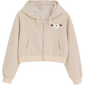 Cute Bear Cropped Zip Up Hoodies For Teen Girls Kawaii Cartoon Print Graphic Zipper Hoodie Crop Jackets For Women