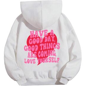 SHENHE Girl's Casual Hoodie Back Pattern Slogan Print Loose Fit Pullover Sweatshirt