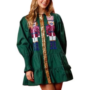 Womens Sequin Christmas Costume Nutcracker Shirt Dress Sparkle Holiday Santa Cocktail Sweatshirt Sweater Mini Dress