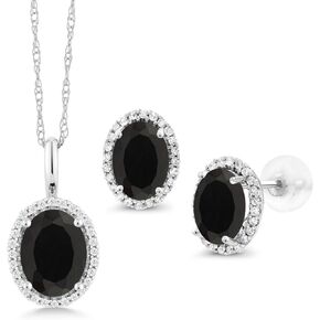 Gem Stone King 10K White Gold Gemstone Birthstone and Diamond Pendant Earrings Jewelry Set | Oval 8X6MM and 7X5MM | Gold Necklace Earrings Set for Women