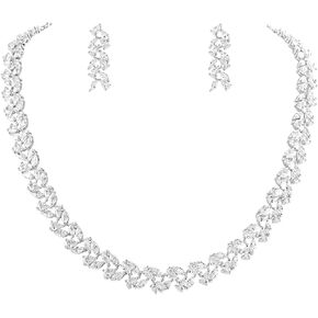 Wedding Jewelry Sets for Brides Bridesmaids, Prom Costume Jewelry Sets for Women, Elegant Silver Necklace and Earring Sets for Wedding Day (White Gold - 02)