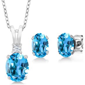 Gem Stone King 925 Sterling Silver Swiss Blue Topaz Pendant and Earrings Jewelry Set For Women (3.55 Cttw, Gemstone Birthstone, With 18 Inch Silver Chain)