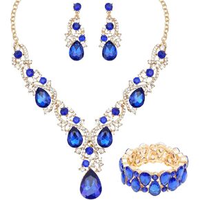 CSY Women's Elegant Bridal Necklace Earrings Stretch Bangle Bracelsts Set for Bride Bridesmaid Wedding Teardrop Crystal Costume Jewelry Sets
