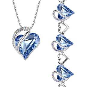 Leafael Infinity Love Heart Necklace and Bracelet for Women, March Birthstone Crystal Jewelry, Silver Tone Bundle Gifts for Women, Light Sapphire Blue