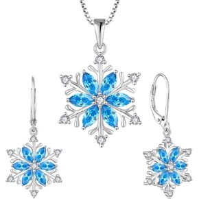 STARCHENIE Snowflake Necklace Earrings 925 Sterling Silver Created Aquamarine Blue Snowflake Jewelry Set for Women