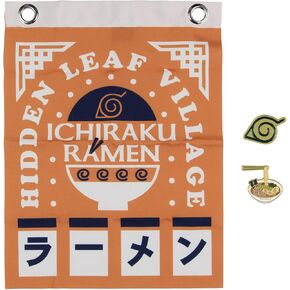 Naruto Anime Hidden Leaf Village Ichiraku Ramen Enamel Lapel Pin and Felt Banner Set