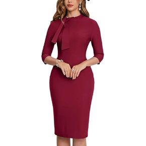 MUXXN Women's Midi Pencil 1950s Vintage Cocktail 3/4 Sleeve Tie Neck Bodycon Mid-Calf Dress with Pockets