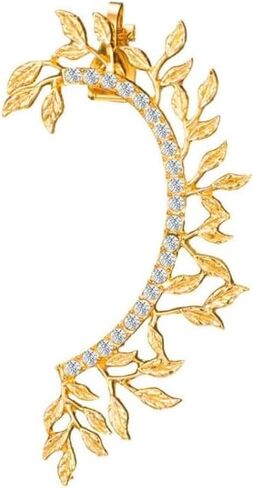 No Pierced Leaf Climbers Crawler Jewelry Jacket Earrings Cute Rhinestone Left Ear Cuff Wrap Clip Golden SIlver Stud Earring Climber Top Ear Clip for Women Girls（1 PC） in Kuwait