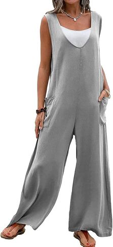 utcoco Women's Casual Sleeveless Bib Overall V Neck Wide Leg Jumpsuit Overalls with Pockets in Saudi Arabia