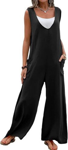 utcoco Women's Casual Sleeveless Bib Overall V Neck Wide Leg Jumpsuit Overalls with Pockets in Saudi Arabia