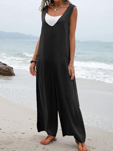 utcoco Women's Casual Sleeveless Bib Overall V Neck Wide Leg Jumpsuit Overalls with Pockets in Saudi Arabia