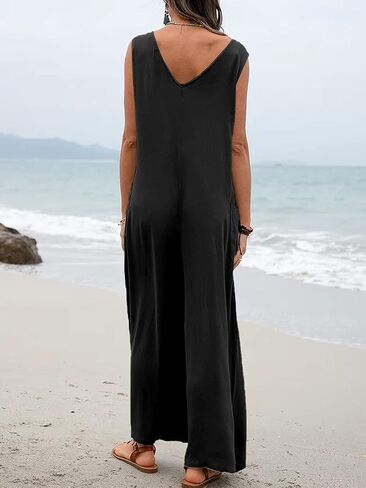 utcoco Women's Casual Sleeveless Bib Overall V Neck Wide Leg Jumpsuit Overalls with Pockets in Saudi Arabia