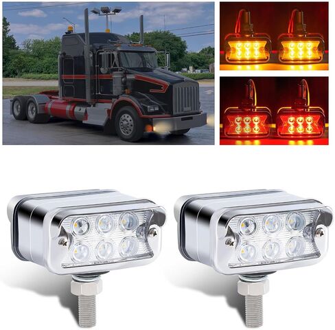 2Pcs Double Face Amber/Red 12 LED Marker Lights Turn Signal w/Horizontal Visor, Chrome Pedestal Lights, Bumper Lights Replacement for Peterbilt/Kenworth/Freightliner Trucks Clear Lens in Saudi Arabia
