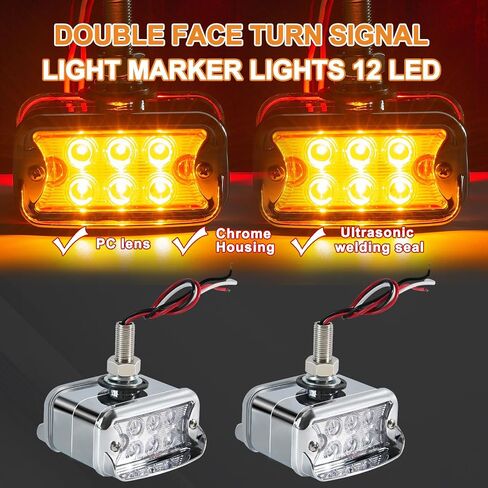 2Pcs Double Face Amber/Red 12 LED Marker Lights Turn Signal w/Horizontal Visor, Chrome Pedestal Lights, Bumper Lights Replacement for Peterbilt/Kenworth/Freightliner Trucks Clear Lens in Saudi Arabia
