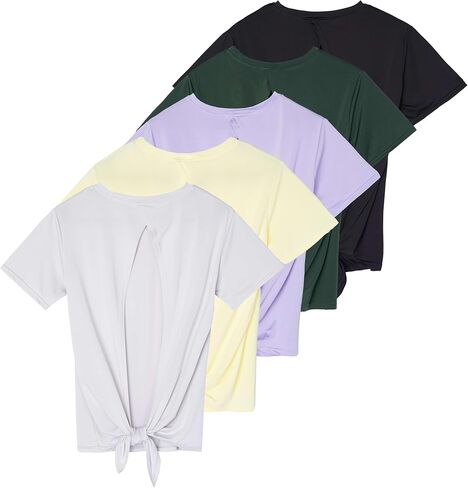 Real Essentials 5 Pack: Women's Short Sleeve Open Back Tie Back Dry-Fit T-Shirt Yoga Gym Workout Top in Saudi Arabia