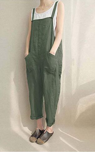 Lncropo Women's Baggy Overalls Linen Jumpsuit Rompers Harem Wide Leg Casual Pants in Kuwait