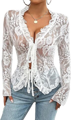 Lace Tops for Women Long Sleeve See Through Sexy Sheer Mesh Crop Top Shirt Open Front Tie Blouse Ruffle for Women in Saudi Arabia