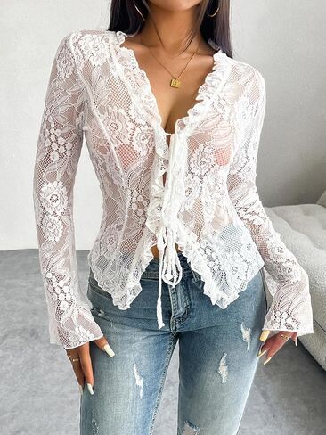 Lace Tops for Women Long Sleeve See Through Sexy Sheer Mesh Crop Top Shirt Open Front Tie Blouse Ruffle for Women in Saudi Arabia