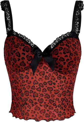 Women's Y2K Leopard Print Camisole Tops Lace Trim Sleeveless Cami Shirts Crop Tops Clubwear in Saudi Arabia