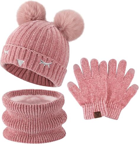 Toddler Boys Girls Winter Warm Knit Beanie Hat Touchscreen Gloves Neck Scarf with Fleece Cap for 3 4 5 6 7 Year Kid Gifts in Kuwait