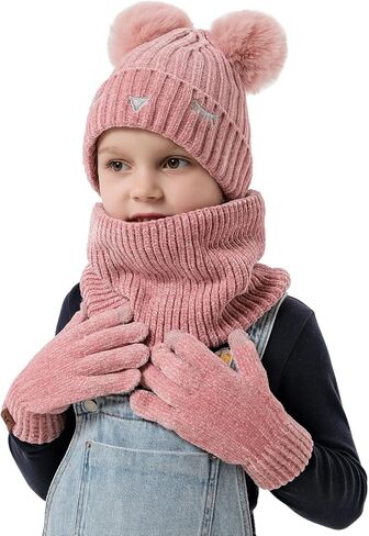 Toddler Boys Girls Winter Warm Knit Beanie Hat Touchscreen Gloves Neck Scarf with Fleece Cap for 3 4 5 6 7 Year Kid Gifts in Kuwait
