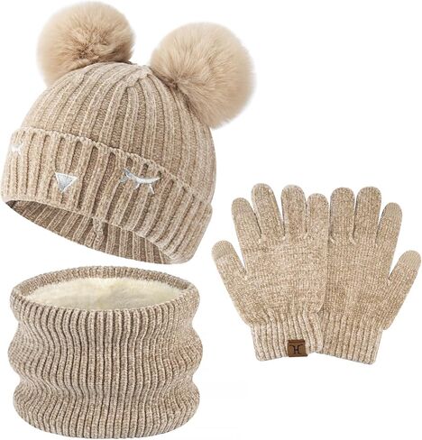 Toddler Boys Girls Winter Warm Knit Beanie Hat Touchscreen Gloves Neck Scarf with Fleece Cap for 3 4 5 6 7 Year Kid Gifts in Kuwait
