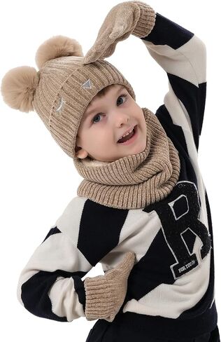 Toddler Boys Girls Winter Warm Knit Beanie Hat Touchscreen Gloves Neck Scarf with Fleece Cap for 3 4 5 6 7 Year Kid Gifts in Kuwait