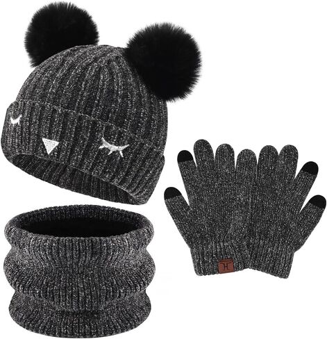 Toddler Boys Girls Winter Warm Knit Beanie Hat Touchscreen Gloves Neck Scarf with Fleece Cap for 3 4 5 6 7 Year Kid Gifts in Kuwait