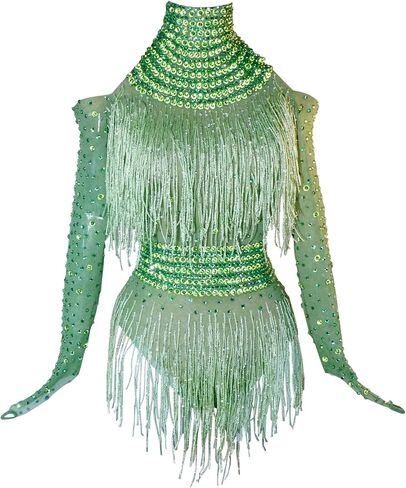Youmeisha Sexy Fringe Rhinestone Perspective Mesh Bodysuit Women Birthday Party Team Dance Costumes Festival Carnival in Saudi Arabia
