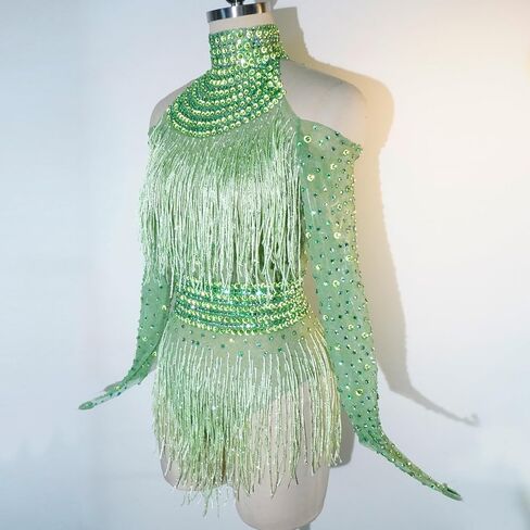 Youmeisha Sexy Fringe Rhinestone Perspective Mesh Bodysuit Women Birthday Party Team Dance Costumes Festival Carnival in Saudi Arabia