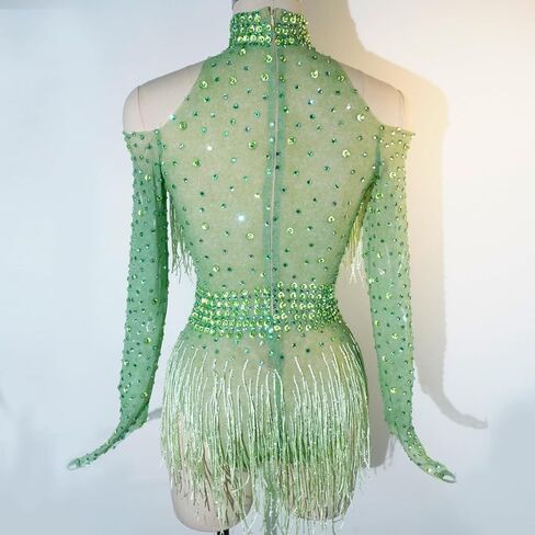 Youmeisha Sexy Fringe Rhinestone Perspective Mesh Bodysuit Women Birthday Party Team Dance Costumes Festival Carnival in Saudi Arabia