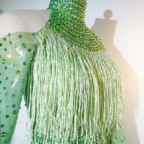 Youmeisha Sexy Fringe Rhinestone Perspective Mesh Bodysuit Women Birthday Party Team Dance Costumes Festival Carnival in Saudi Arabia