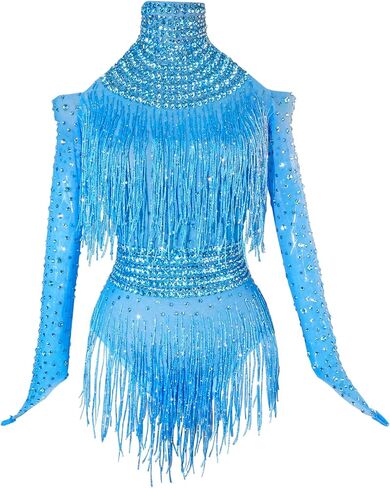 Youmeisha Sexy Fringe Rhinestone Perspective Mesh Bodysuit Women Birthday Party Team Dance Costumes Festival Carnival in Saudi Arabia