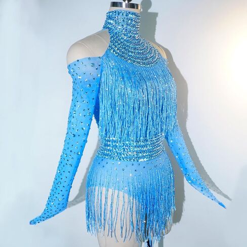 Youmeisha Sexy Fringe Rhinestone Perspective Mesh Bodysuit Women Birthday Party Team Dance Costumes Festival Carnival in Saudi Arabia