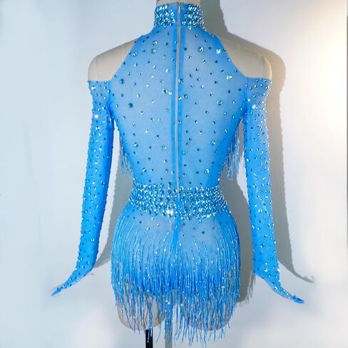 Youmeisha Sexy Fringe Rhinestone Perspective Mesh Bodysuit Women Birthday Party Team Dance Costumes Festival Carnival in Saudi Arabia