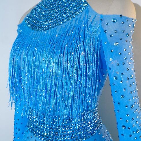 Youmeisha Sexy Fringe Rhinestone Perspective Mesh Bodysuit Women Birthday Party Team Dance Costumes Festival Carnival in Saudi Arabia
