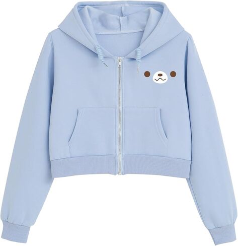 Cute Bear Cropped Zip Up Hoodies For Teen Girls Kawaii Cartoon Print Graphic Zipper Hoodie Crop Jackets For Women in Saudi Arabia