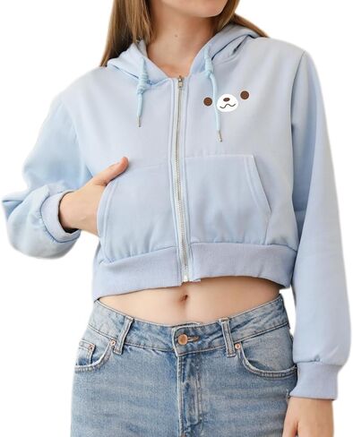 Cute Bear Cropped Zip Up Hoodies For Teen Girls Kawaii Cartoon Print Graphic Zipper Hoodie Crop Jackets For Women in Saudi Arabia