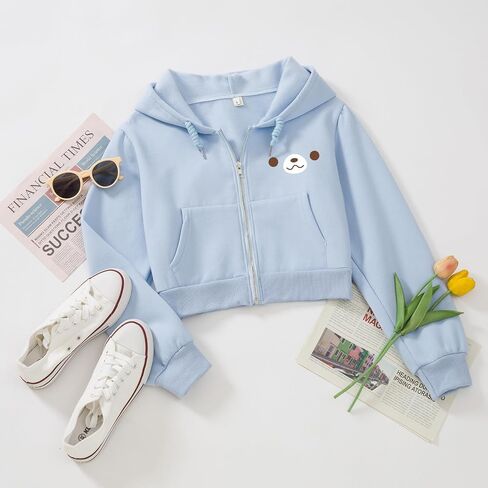 Cute Bear Cropped Zip Up Hoodies For Teen Girls Kawaii Cartoon Print Graphic Zipper Hoodie Crop Jackets For Women in Saudi Arabia