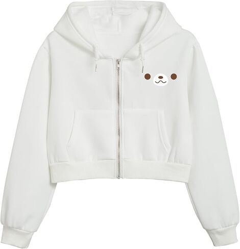 Cute Bear Cropped Zip Up Hoodies For Teen Girls Kawaii Cartoon Print Graphic Zipper Hoodie Crop Jackets For Women in Saudi Arabia