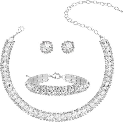 Women Rhinestone Crystal Jewelry Set Crystal Tennis Design Rhinestone Choker Necklace Link Bracelet Teardrop Earrings Set Wedding Bridal Bridesmaids Party in Kuwait
