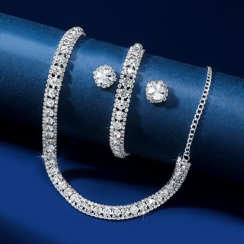 Women Rhinestone Crystal Jewelry Set Crystal Tennis Design Rhinestone Choker Necklace Link Bracelet Teardrop Earrings Set Wedding Bridal Bridesmaids Party in Kuwait