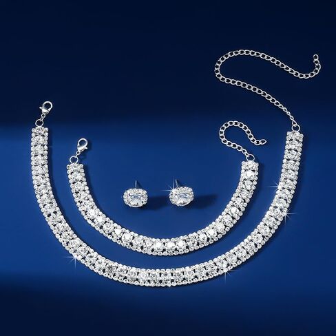 Women Rhinestone Crystal Jewelry Set Crystal Tennis Design Rhinestone Choker Necklace Link Bracelet Teardrop Earrings Set Wedding Bridal Bridesmaids Party in Kuwait