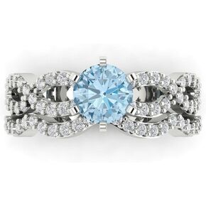 1.52 ct Round Cut Natural Swiss Blue Topaz 14k White Gold Solitaire with Accents Wedding Bridal Promise Ring Band Set