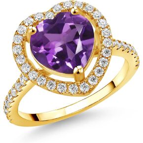 Gem Stone King 18K Yellow Gold Plated Silver 10MM Heart Shape Gemstone Birthstone and White Moissanite Halo Engagement Ring | Wedding Anniversary Promise Ring For Women