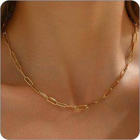 Chunky Gold Necklace for Women 18K Gold Plated Cuban Paperclip Choker Toggle Bar Clasp Necklaces Dainty Gold Chain Necklace Jewelry Gifts