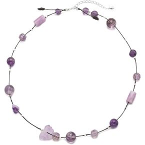 Amethyst and Rose Quartz Beaded choker Necklace for Women, waxed string, S925 sterling silver chain, 15 inches with 1.6-inch adjustable extender