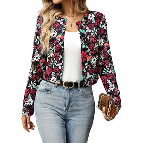 Floerns Women's Floral Print Casual Long Sleeve Crew Neck Lightweight Cropped Bomber Jacket