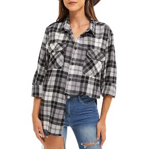 Women's Flannel Shirt Loose Plaid Button Long Sleeve Casual Jacket Jacket