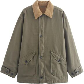 Wyeysyt Lightweight Barn Jacket for Women Corduroy Collar Canvas Jackets Button Down Outwear with Pockets